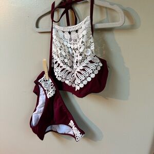 Burgundy and White Lace Halter Bikini Set